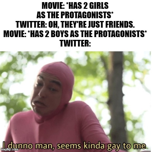 I dunno man seems kinda gay to me | MOVIE: *HAS 2 GIRLS AS THE PROTAGONISTS*
TWITTER: OH, THEY'RE JUST FRIENDS.
MOVIE: *HAS 2 BOYS AS THE PROTAGONISTS*
TWITTER: | image tagged in i dunno man seems kinda gay to me | made w/ Imgflip meme maker