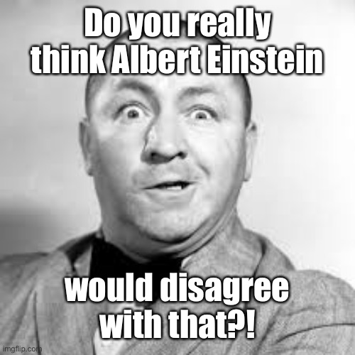 curly three stooges | Do you really think Albert Einstein would disagree with that?! | image tagged in curly three stooges | made w/ Imgflip meme maker