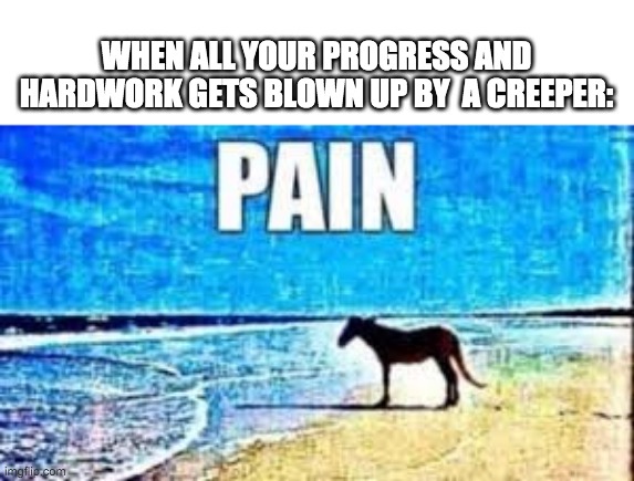 *sad noises intensifies* | WHEN ALL YOUR PROGRESS AND HARDWORK GETS BLOWN UP BY  A CREEPER: | image tagged in pain | made w/ Imgflip meme maker