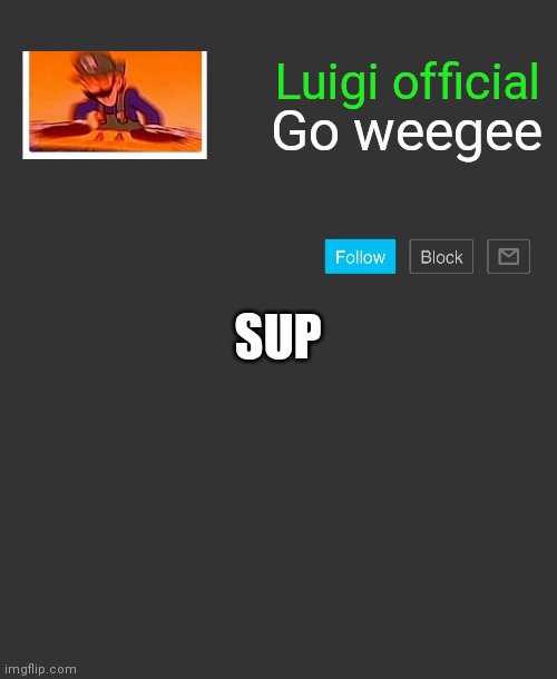 Hi | Luigi official; Go weegee; SUP | image tagged in custom announcement template | made w/ Imgflip meme maker