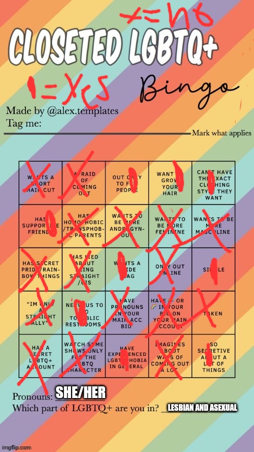 Closeted LGBTQ+ Bingo | SHE/HER; LESBIAN AND ASEXUAL | image tagged in closeted lgbtq bingo | made w/ Imgflip meme maker