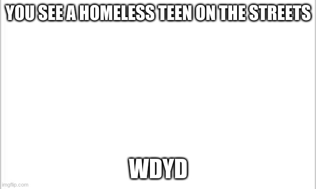 white background | YOU SEE A HOMELESS TEEN ON THE STREETS; WDYD | image tagged in white background | made w/ Imgflip meme maker