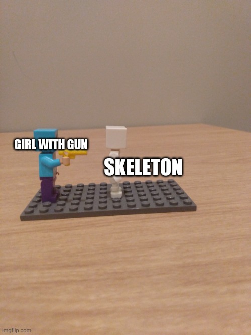 Anti meme | SKELETON; GIRL WITH GUN | image tagged in home made meme | made w/ Imgflip meme maker