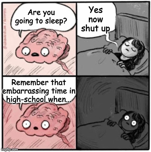 Brain Before Sleep | Yes now shut up; Are you going to sleep? Remember that embarrassing time in high-school when... | image tagged in brain before sleep | made w/ Imgflip meme maker