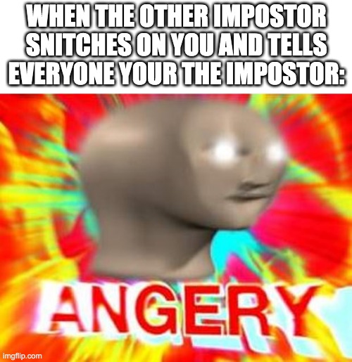 ANGERY | WHEN THE OTHER IMPOSTOR SNITCHES ON YOU AND TELLS EVERYONE YOUR THE IMPOSTOR: | image tagged in surreal angery,funny | made w/ Imgflip meme maker