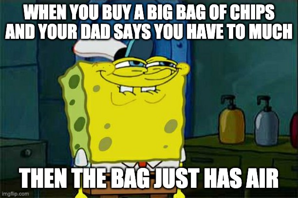 Don't You Squidward Meme |  WHEN YOU BUY A BIG BAG OF CHIPS AND YOUR DAD SAYS YOU HAVE TO MUCH; THEN THE BAG JUST HAS AIR | image tagged in memes,don't you squidward | made w/ Imgflip meme maker