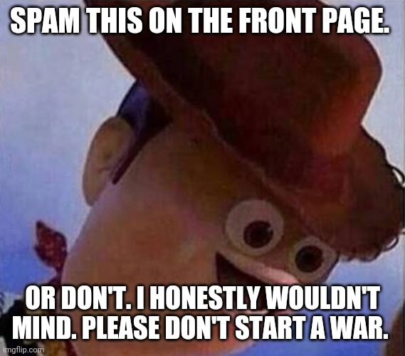 There's an undesired reptile in my footwear. | SPAM THIS ON THE FRONT PAGE. OR DON'T. I HONESTLY WOULDN'T MIND. PLEASE DON'T START A WAR. | image tagged in derp woody | made w/ Imgflip meme maker