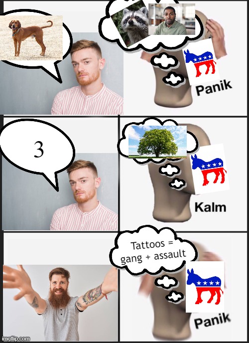 Perhaps The True Racial Bias Was The One We Met Along The Way | 3; Tattoos = gang + assault | image tagged in memes,panik kalm panik,tattoo humor,irish humor,redneck humor,democrats | made w/ Imgflip meme maker