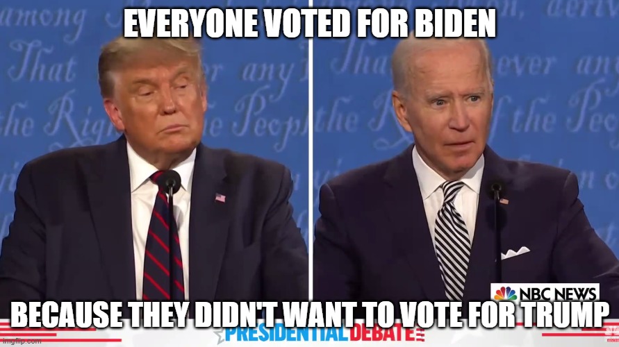 President Debate | EVERYONE VOTED FOR BIDEN; BECAUSE THEY DIDN'T WANT TO VOTE FOR TRUMP | image tagged in presidential debate,donald trump,trump,biden,joe biden | made w/ Imgflip meme maker