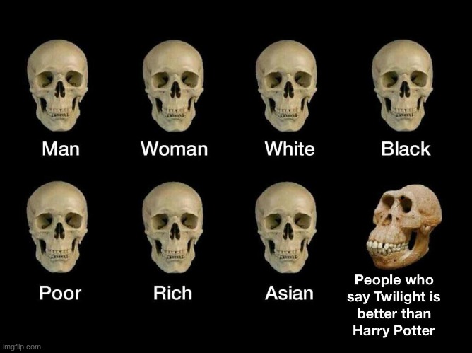 We're all the same. Except people who think Twilight is better than Harry Potter, that is. | Man; Woman; White; Black; Poor; Rich; Asian; People who say Twilight is better than Harry Potter | image tagged in funny,funny memes,twilight,harry potter,harry potter vs twilight,im gonna start a twilight hating trend y'all | made w/ Imgflip meme maker