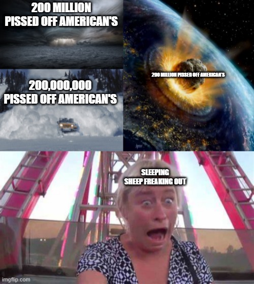200 MILLION PISSED OFF AMERICAN'S; 200 MILLION PISSED OFF AMERICAN'S; 200,000,000 PISSED OFF AMERICAN'S; SLEEPING SHEEP FREAKING OUT | image tagged in perfect storm | made w/ Imgflip meme maker