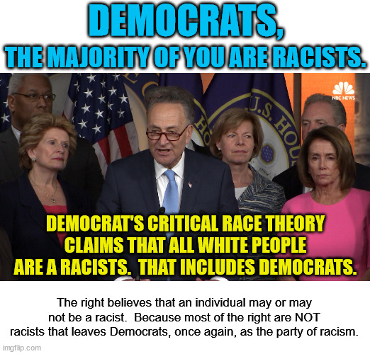 The Democrats started off as the party of racism and the still are the party of racism. | DEMOCRATS, THE MAJORITY OF YOU ARE RACISTS. DEMOCRAT'S CRITICAL RACE THEORY CLAIMS THAT ALL WHITE PEOPLE ARE A RACISTS.  THAT INCLUDES DEMOCRATS. The right believes that an individual may or may not be a racist.  Because most of the right are NOT racists that leaves Democrats, once again, as the party of racism. | image tagged in democrat congressmen,critical race theory,democrat racists | made w/ Imgflip meme maker