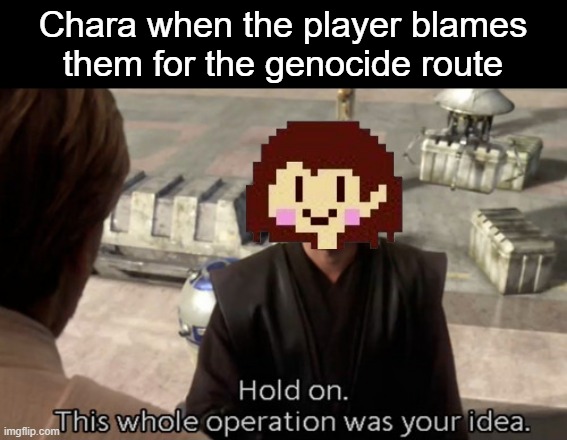 Hold on this whole operation was your idea | Chara when the player blames them for the genocide route | image tagged in hold on this whole operation was your idea | made w/ Imgflip meme maker