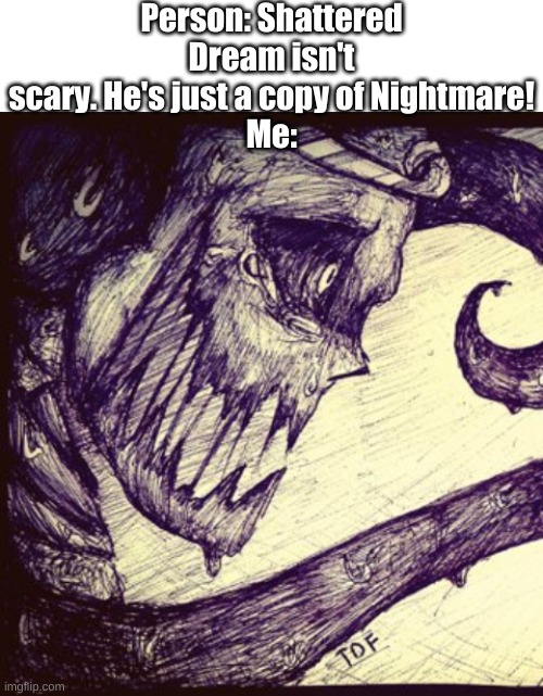 HE'S GOD DAMN SCARY RIGHT NOW, BITCH!!! | Person: Shattered Dream isn't scary. He's just a copy of Nightmare!
Me: | image tagged in blank white template | made w/ Imgflip meme maker