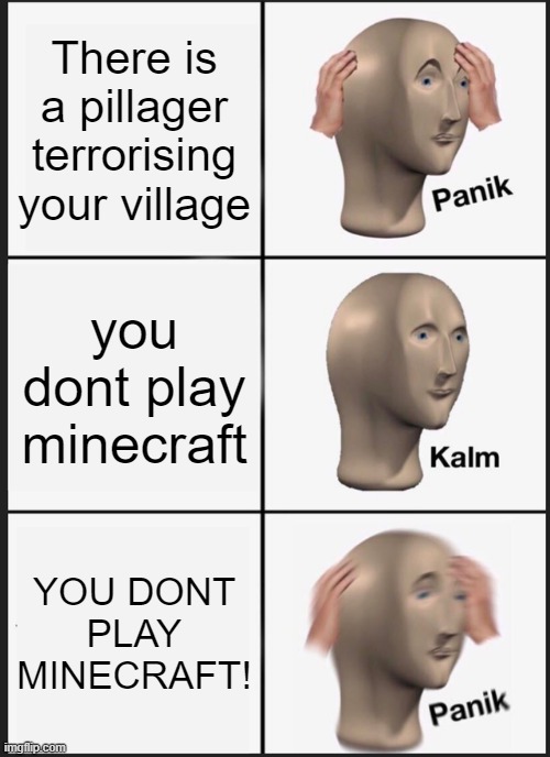 Panik Kalm Panik | There is a pillager terrorising your village; you dont play minecraft; YOU DONT PLAY MINECRAFT! | image tagged in memes,panik kalm panik | made w/ Imgflip meme maker