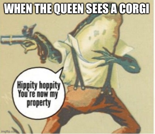 Queen’s Corgis | WHEN THE QUEEN SEES A CORGI | image tagged in hippity hoppity you're now my property,queen,corgi,frog,queen elizabeth | made w/ Imgflip meme maker