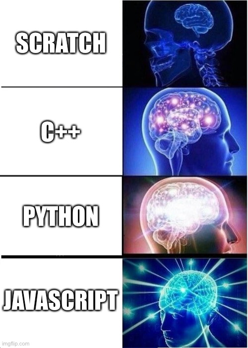 Which one are you | SCRATCH; C++; PYTHON; JAVASCRIPT | image tagged in memes,expanding brain,scratch,python,javascript,java | made w/ Imgflip meme maker