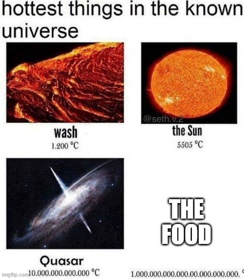 hottest things in the known universe | THE FOOD | image tagged in hottest things in the known universe | made w/ Imgflip meme maker