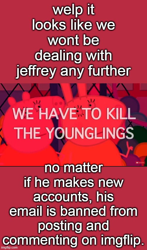 we have to kill the younglings | welp it looks like we wont be dealing with jeffrey any further; no matter if he makes new accounts, his email is banned from posting and commenting on imgflip. | image tagged in we have to kill the younglings | made w/ Imgflip meme maker