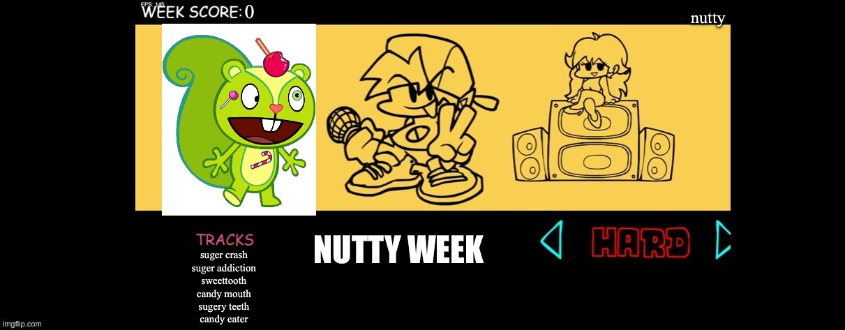 FNF Custom Week | nutty; NUTTY WEEK; suger crash
suger addiction
sweettooth
candy mouth
sugery teeth
candy eater | image tagged in fnf custom week | made w/ Imgflip meme maker