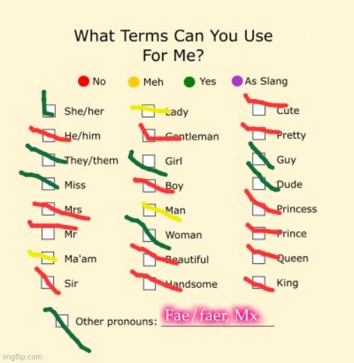 Doing this again | Fae/faer, Mx. | image tagged in pronouns sheet,demisexual_sponge | made w/ Imgflip meme maker