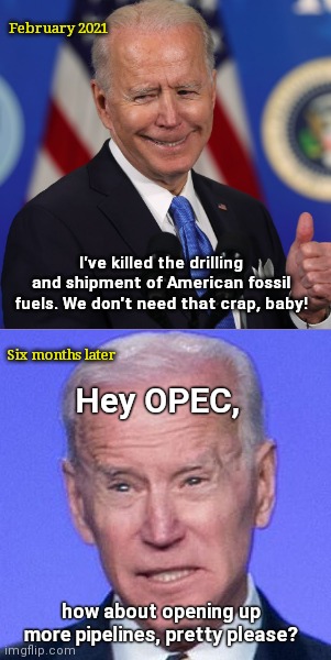Biden relies on not just Russia but OPEC, too | February 2021; I've killed the drilling and shipment of American fossil fuels. We don't need that crap, baby! Six months later; Hey OPEC, how about opening up more pipelines, pretty please? | image tagged in weakling biden,joe biden,destroying america,biden loves opec,high gas prices,lying biden | made w/ Imgflip meme maker