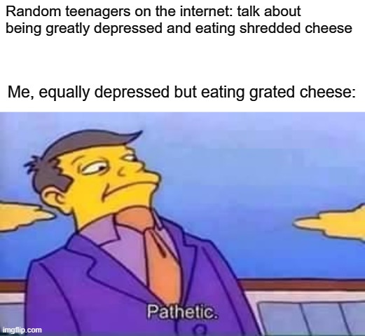 skinner pathetic | Random teenagers on the internet: talk about being greatly depressed and eating shredded cheese; Me, equally depressed but eating grated cheese: | image tagged in skinner pathetic | made w/ Imgflip meme maker