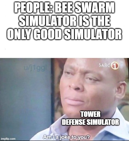 bee is the best simulator, but its not the only good one, tds is also good | PEOPLE: BEE SWARM SIMULATOR IS THE ONLY GOOD SIMULATOR; TOWER DEFENSE SIMULATOR | image tagged in am i a joke to you | made w/ Imgflip meme maker