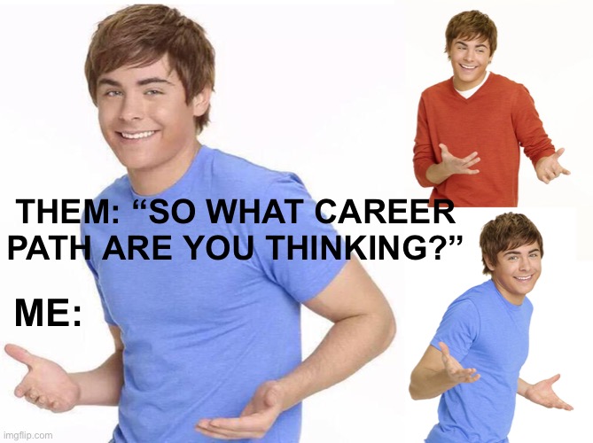 Zac Efron | THEM: “SO WHAT CAREER PATH ARE YOU THINKING?”; ME: | image tagged in zac efron | made w/ Imgflip meme maker