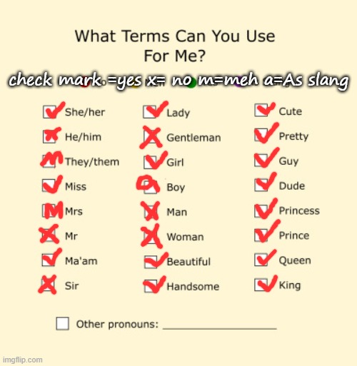 Pronouns Sheet | check mark =yes x= no m=meh a=As slang | image tagged in pronouns sheet | made w/ Imgflip meme maker