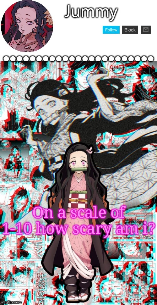 Bored | On a scale of 1-10 how scary am i? | image tagged in nezuko temp by yachi | made w/ Imgflip meme maker