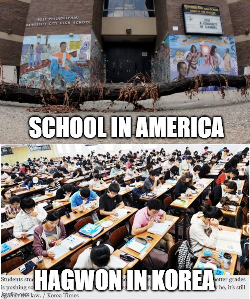 compare and contrast | SCHOOL IN AMERICA; HAGWON IN KOREA | image tagged in education | made w/ Imgflip meme maker