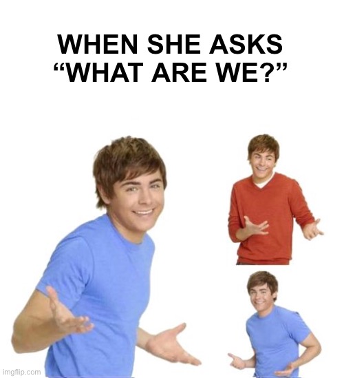 Zac Effron | WHEN SHE ASKS “WHAT ARE WE?” | image tagged in zac effron | made w/ Imgflip meme maker