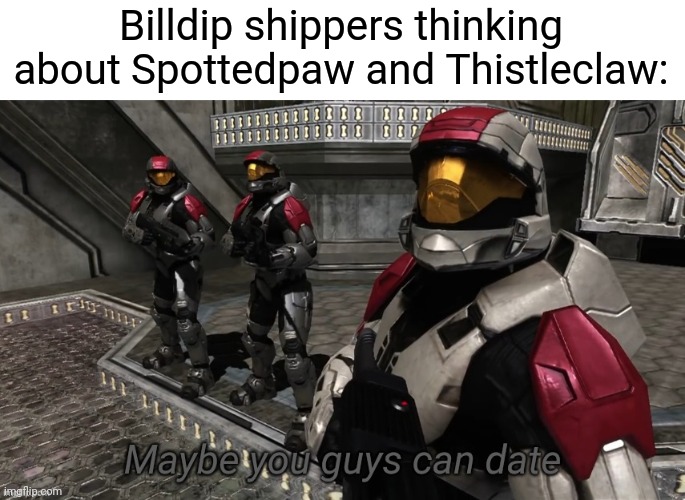 Spottedleaf's heart is just a badly written billdip fanfic textured for warrior cats. Change my mind. | Billdip shippers thinking about Spottedpaw and Thistleclaw: | image tagged in maybe you guys can date,antibilldip,antispottedthistle | made w/ Imgflip meme maker