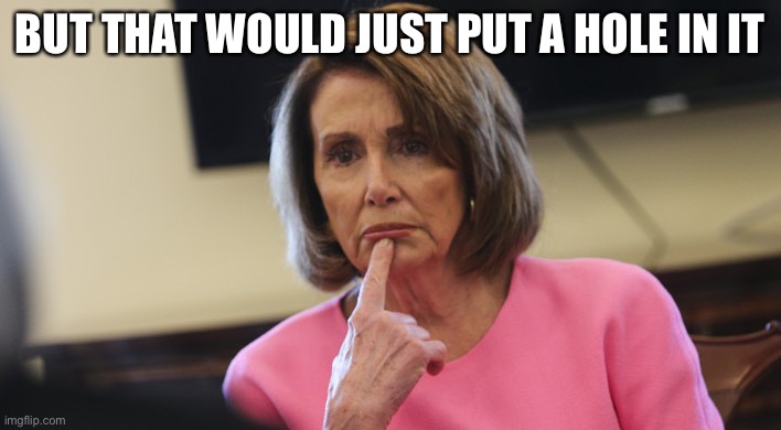 Pelosi Philosoraptor | BUT THAT WOULD JUST PUT A HOLE IN IT | image tagged in pelosi philosoraptor | made w/ Imgflip meme maker