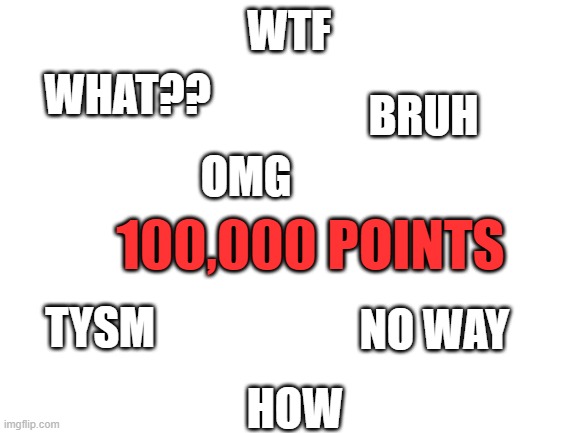 I'm seriously amazed, thank you guys so much | WTF; WHAT?? BRUH; OMG; 100,000 POINTS; TYSM; NO WAY; HOW | image tagged in 100000 points,thank you,how | made w/ Imgflip meme maker
