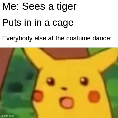 welp o-0 | Me: Sees a tiger; Puts in in a cage; Everybody else at the costume dance: | image tagged in memes,surprised pikachu | made w/ Imgflip meme maker