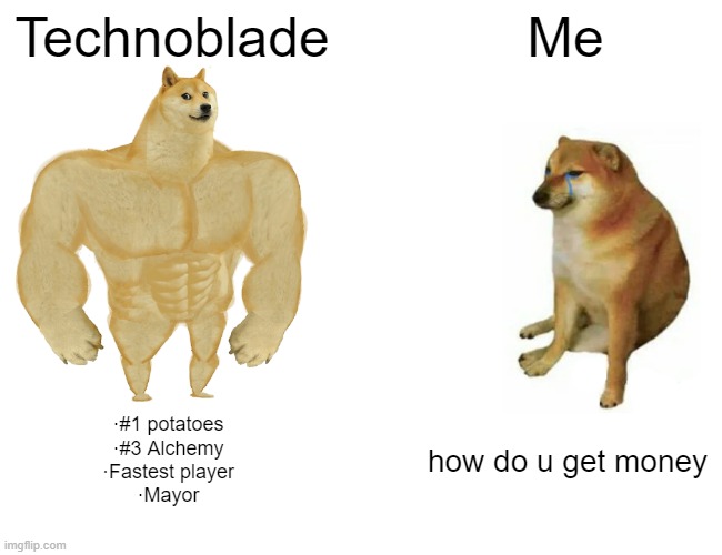 Buff Doge vs. Cheems Meme | Technoblade; Me; ·#1 potatoes
·#3 Alchemy
·Fastest player
·Mayor; how do u get money | image tagged in memes,buff doge vs cheems,technoblade | made w/ Imgflip meme maker