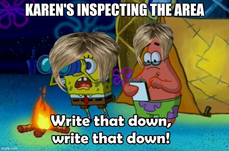write that down | KAREN'S INSPECTING THE AREA | image tagged in write that down | made w/ Imgflip meme maker