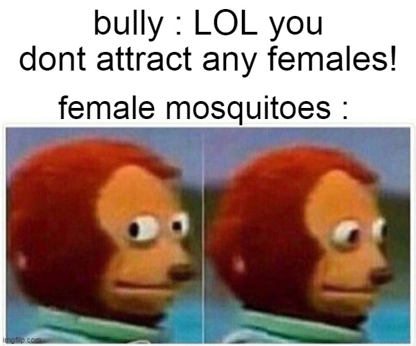 repost callers : bruh man im coming too | bully : LOL you dont attract any females! female mosquitoes : | image tagged in memes,monkey puppet | made w/ Imgflip meme maker