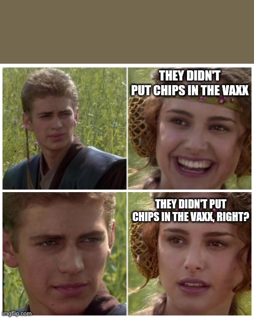 Anakin Padme Meme | THEY DIDN'T PUT CHIPS IN THE VAXX; THEY DIDN'T PUT CHIPS IN THE VAXX, RIGHT? | image tagged in anakin padme meme | made w/ Imgflip meme maker