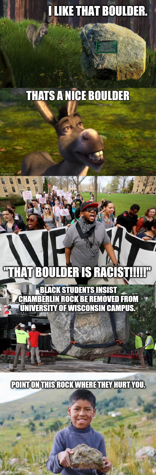I LIKE THAT BOULDER. "THAT BOULDER IS RACIST!!!!!"; BLACK STUDENTS INSIST CHAMBERLIN ROCK BE REMOVED FROM UNIVERSITY OF WISCONSIN CAMPUS. POINT ON THIS ROCK WHERE THEY HURT YOU. | image tagged in donkey from shrek i like that boulder,donkey from shrek that's a nice boulder,protesters from uw boulder,boy holding a rock | made w/ Imgflip meme maker