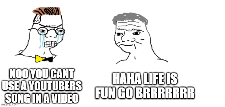 nooo haha go brrr | NOO YOU CANT USE A YOUTUBERS SONG IN A VIDEO HAHA LIFE IS FUN GO BRRRRRRR | image tagged in nooo haha go brrr | made w/ Imgflip meme maker