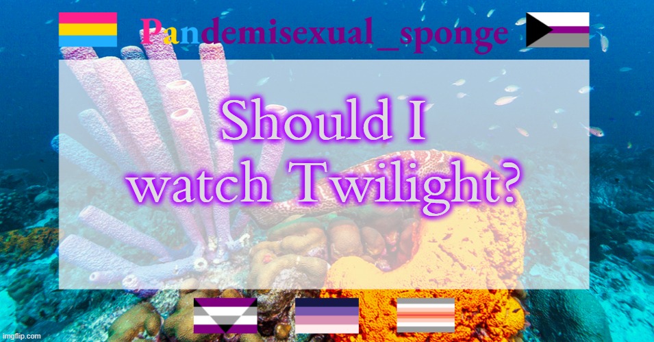 I've heard good and bad things about it but never watched it | Should I watch Twilight? | image tagged in pandemisexual_sponge temp,demisexual_sponge | made w/ Imgflip meme maker