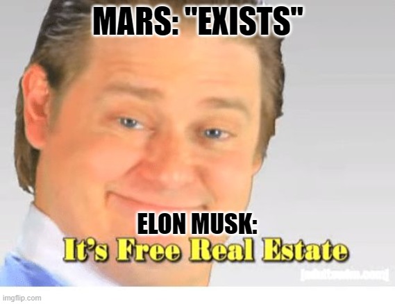 It's Free Real Estate | MARS: "EXISTS"; ELON MUSK: | image tagged in it's free real estate | made w/ Imgflip meme maker