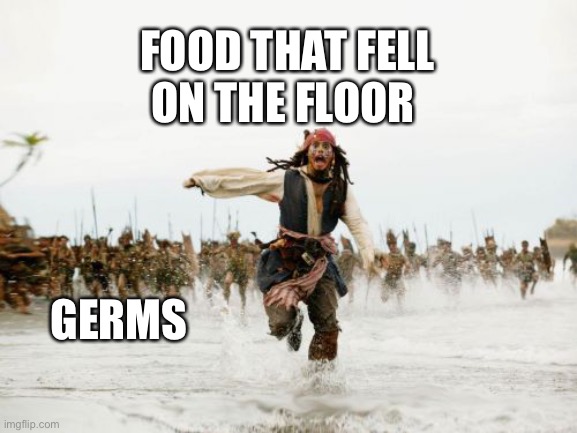 The “five second rule” is a load of hooey! | FOOD THAT FELL ON THE FLOOR; GERMS | image tagged in memes,jack sparrow being chased | made w/ Imgflip meme maker