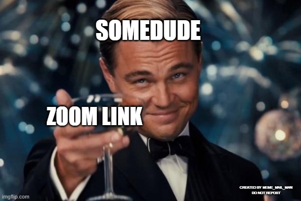 Somedude sends a zoom link invitation to troll | SOMEDUDE; ZOOM LINK; CREATED BY MEME_MAIL_MAN
DO NOT REPOST | image tagged in memes,leonardo dicaprio cheers,zoom | made w/ Imgflip meme maker