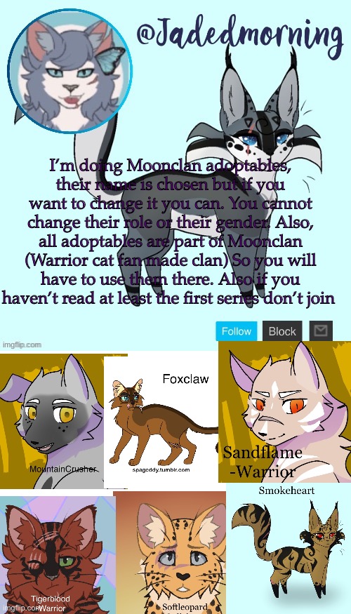 All toms expect for Smokeheart, all of them are warriors | I’m doing Moonclan adoptables, their name is chosen but if you want to change it you can. You cannot change their role or their gender. Also, all adoptables are part of Moonclan (Warrior cat fan made clan) So you will have to use them there. Also if you haven’t read at least the first series don’t join | image tagged in jade s warrior cats announcement template,blank white template | made w/ Imgflip meme maker