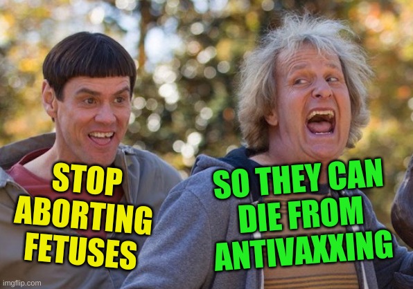 but god said.... | SO THEY CAN
DIE FROM
ANTIVAXXING; STOP
ABORTING
FETUSES | image tagged in dumb and dumber,abortion,covid-19,antivax,conservative hypocrisy | made w/ Imgflip meme maker