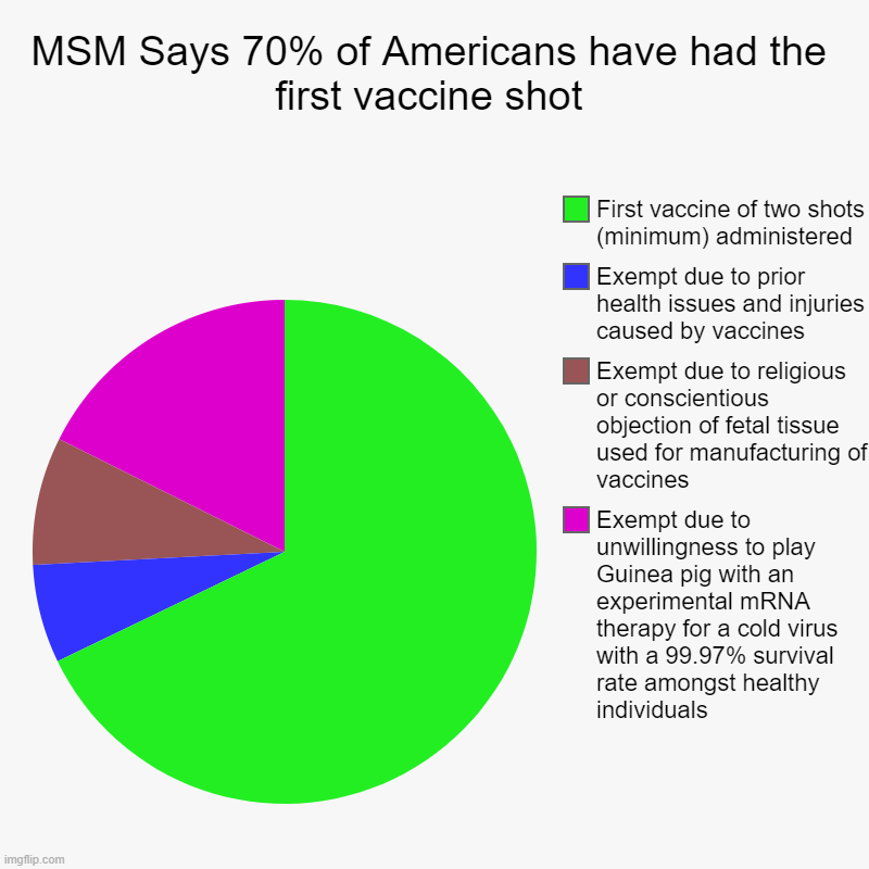Omega variant anyone? | MSM Says 70% of Americans have had the first vaccine shot | Exempt due to unwillingness to play Guinea pig with an experimental mRNA therapy | image tagged in charts,pie charts | made w/ Imgflip chart maker